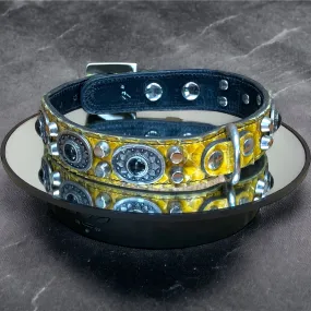 20” Black Leather Dog Collar With Yellow Snakeskin  Silver Conchos