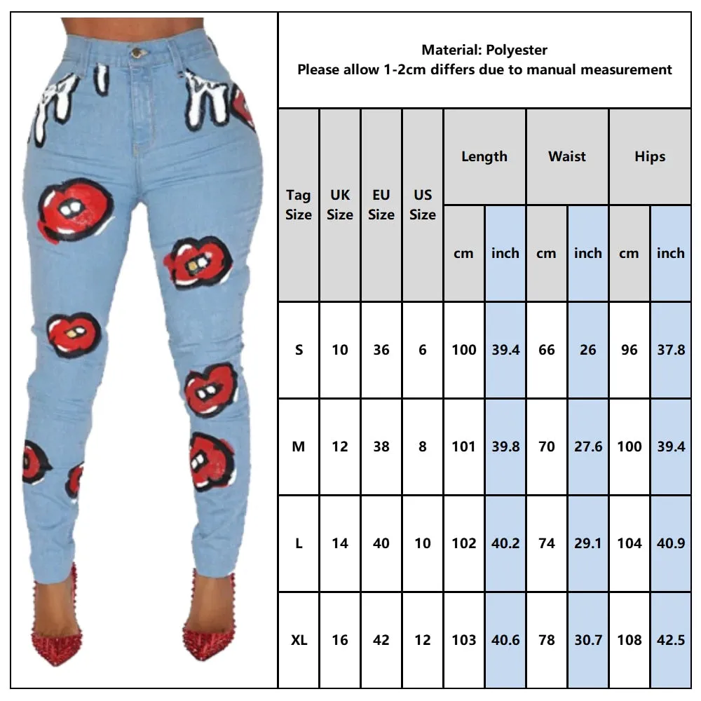 Autumn High Waist Jeans Women  Mouth Printed Denim Pants Female Casual Skinny Jeans With Pockets pantalones Streetwear D30