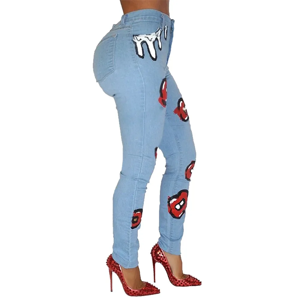 Autumn High Waist Jeans Women  Mouth Printed Denim Pants Female Casual Skinny Jeans With Pockets pantalones Streetwear D30