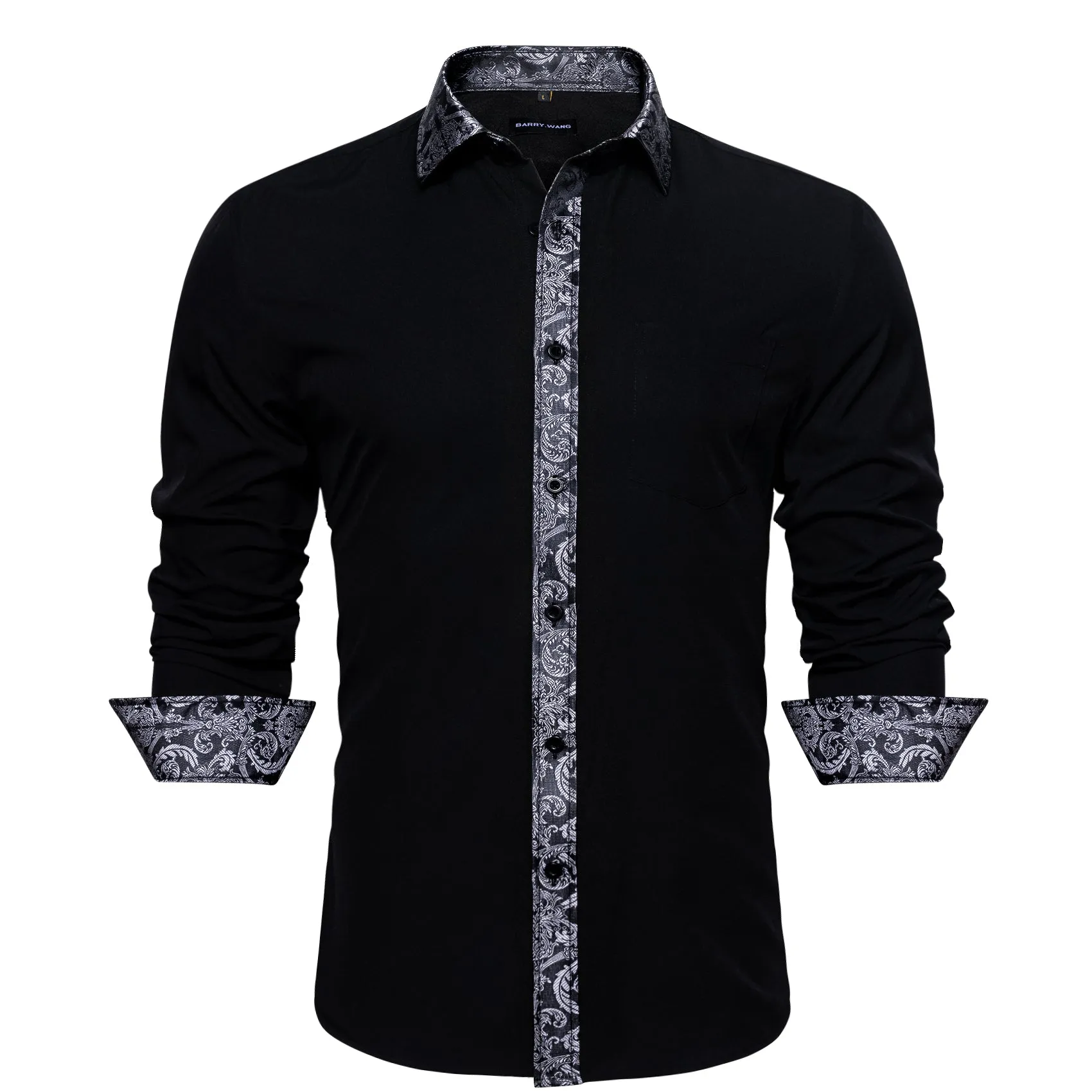 Barry.Wang Black Shirt Grey Splicing Cuffs Men's Business Dress Shirt