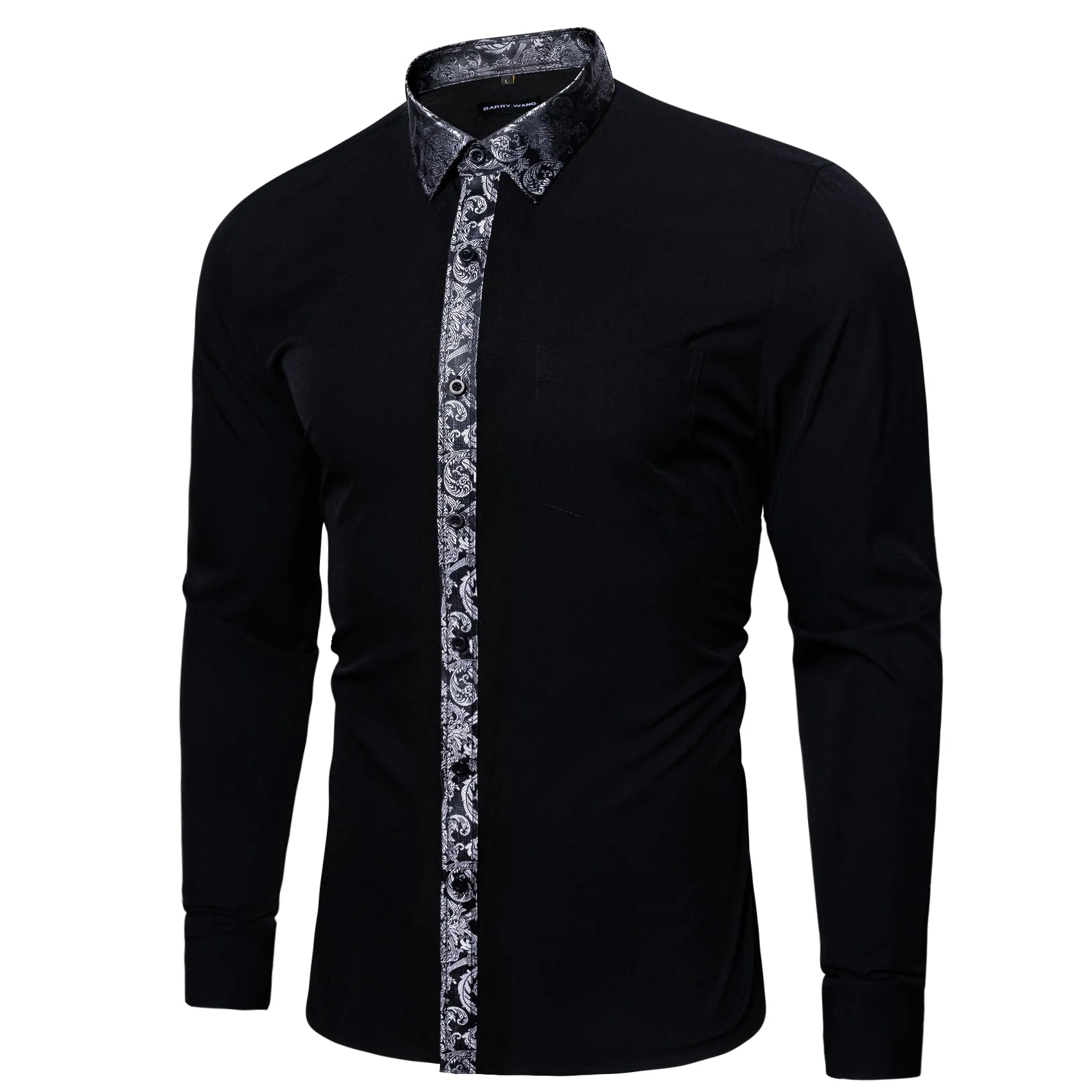 Barry.Wang Black Shirt Grey Splicing Cuffs Men's Business Dress Shirt