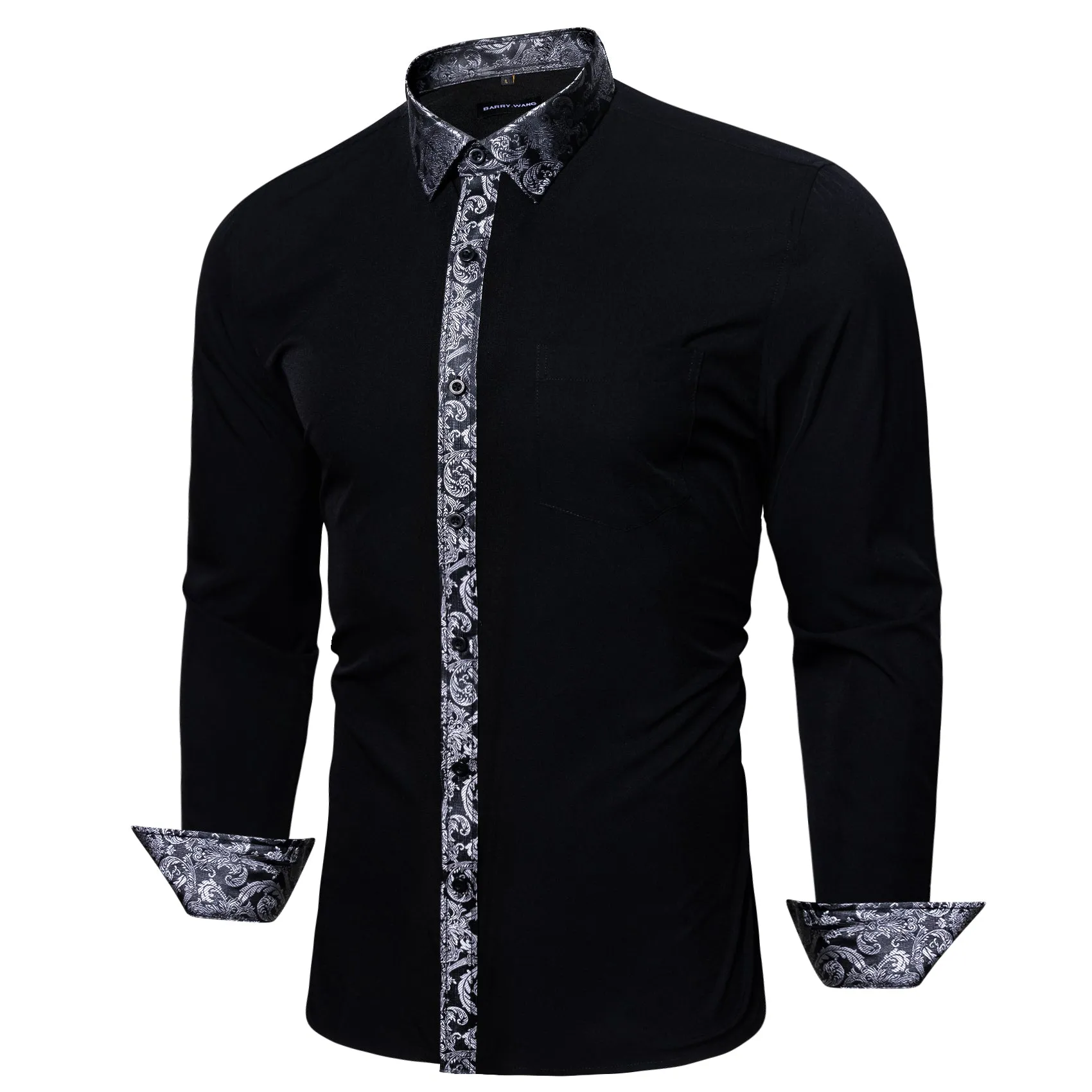 Barry.Wang Black Shirt Grey Splicing Cuffs Men's Business Dress Shirt