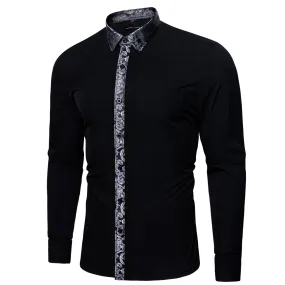 Barry.Wang Black Shirt Grey Splicing Cuffs Men's Business Dress Shirt