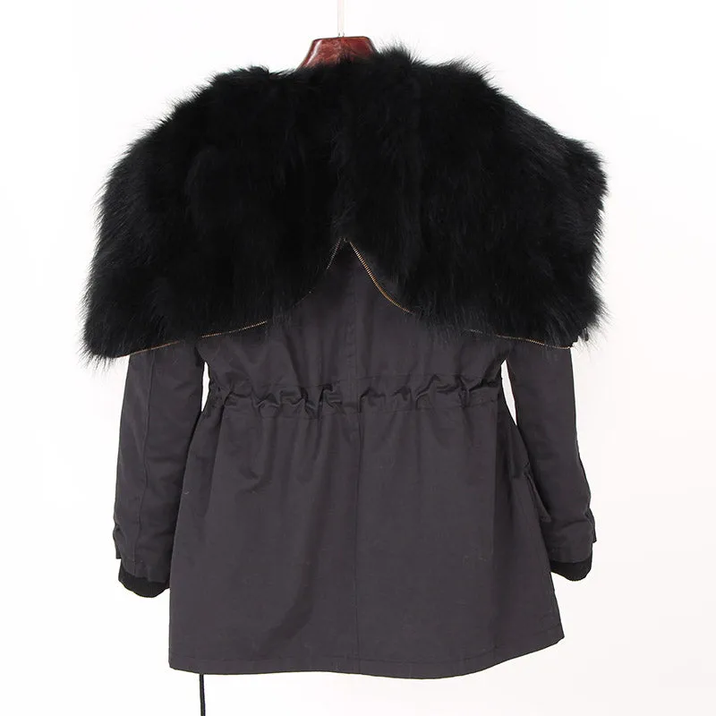 Black Big Real Fox Fur Parka Coat