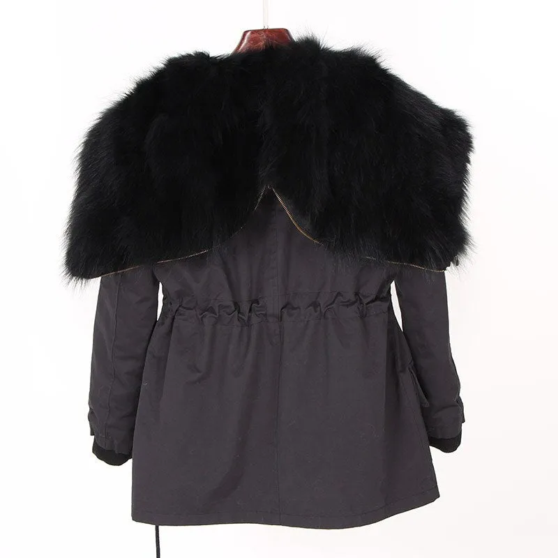 Black Big Real Fox Fur Parka Coat