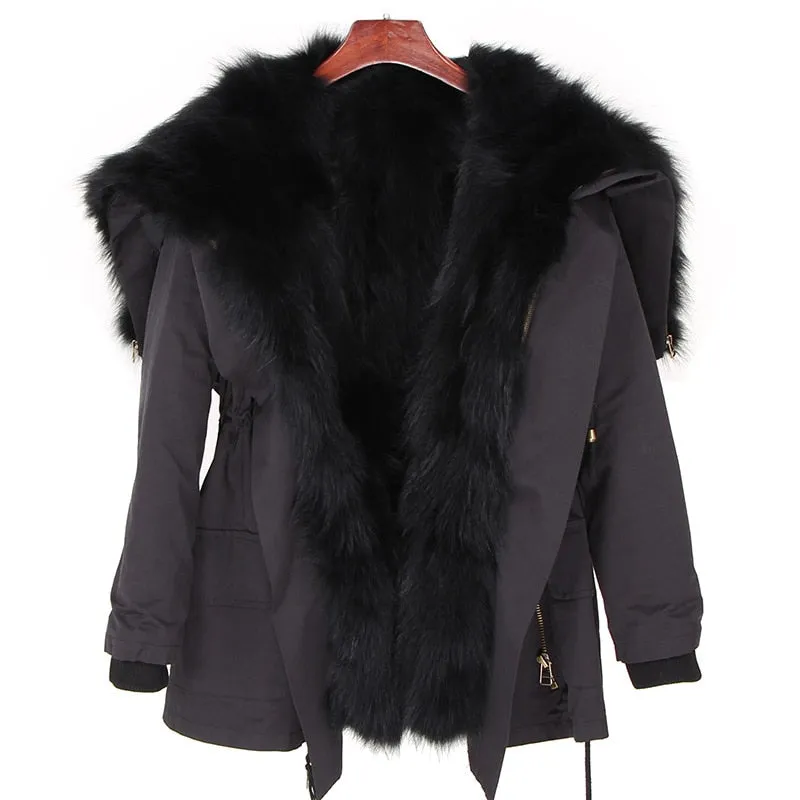 Black Big Real Fox Fur Parka Coat