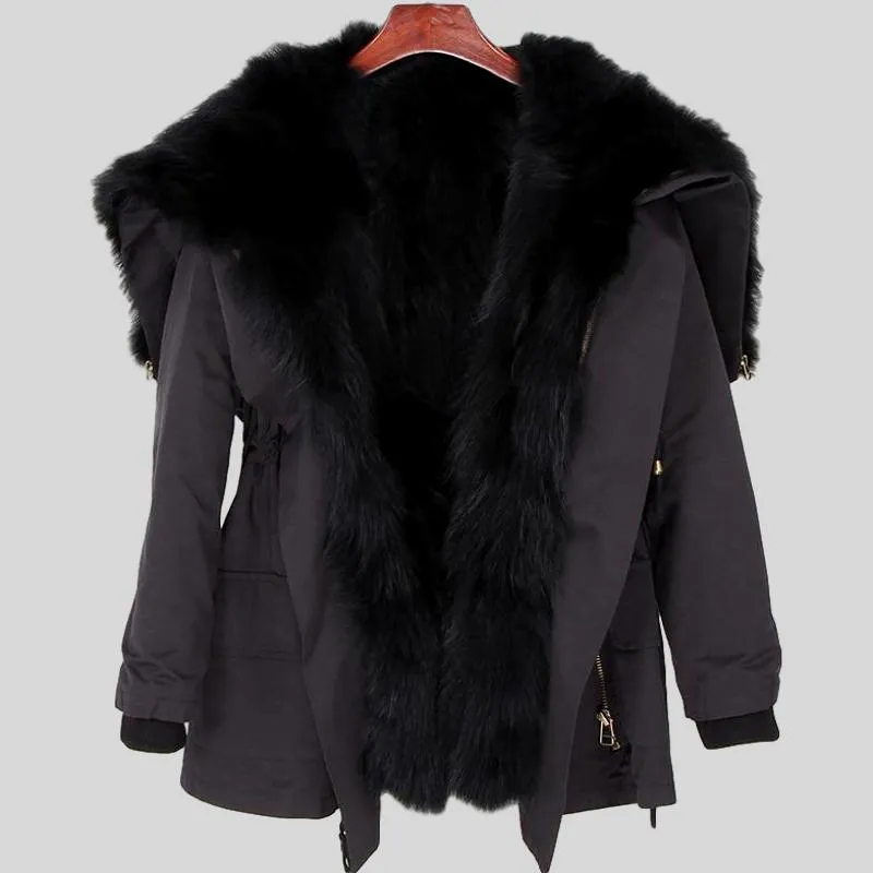 Black Big Real Fox Fur Parka Coat