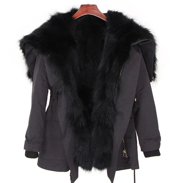 Black Big Real Fox Fur Parka Coat
