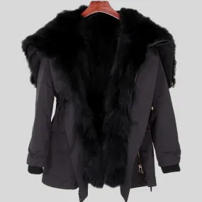 Black Big Real Fox Fur Parka Coat