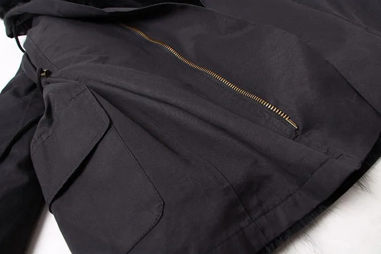 Black Big Real Fox Fur Parka Coat