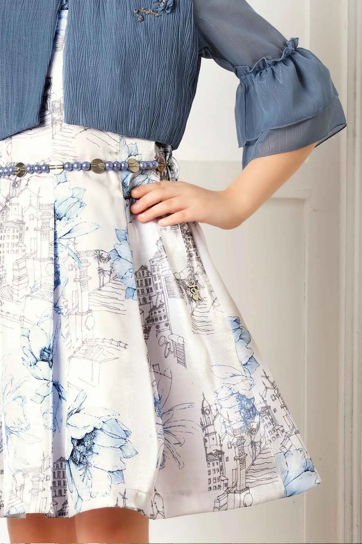 Blue Floral Printed Frock With Overcoat For Girls