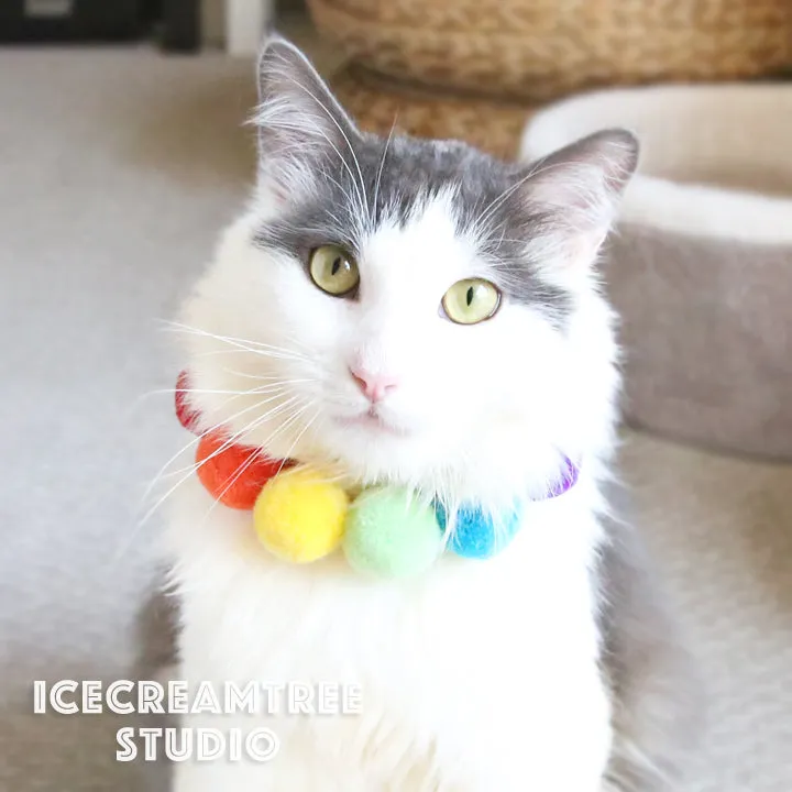 Blue Yellow PomPom Necklace - Elastic Pet Collar