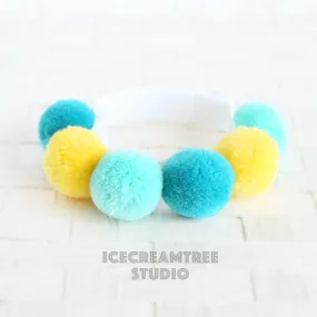 Blue Yellow PomPom Necklace - Elastic Pet Collar