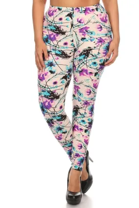 Blue Zone Planet |  Plus Size Floral Print, Full Length Leggings In A Slim Fitting Style With A Banded High Waist
