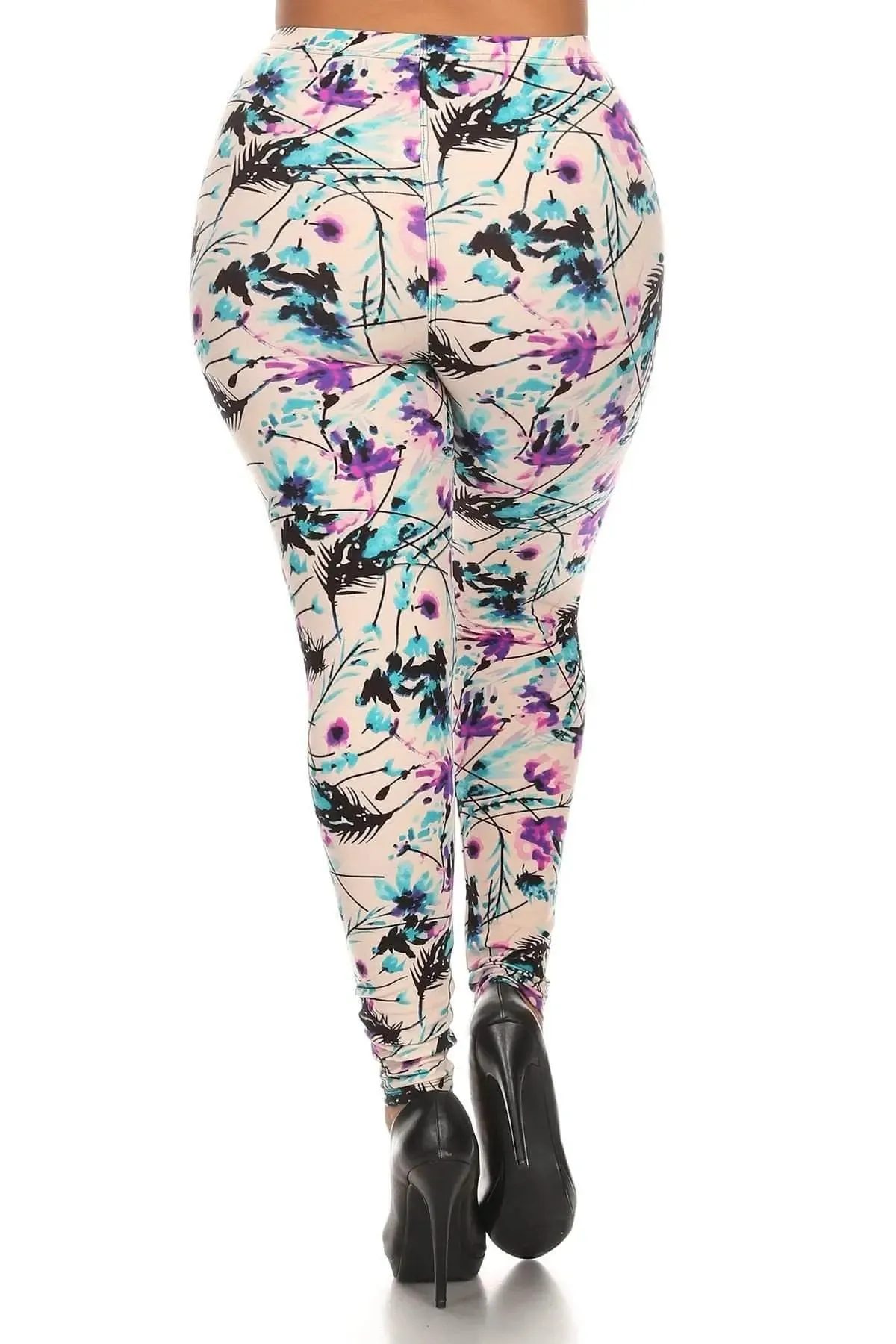 Blue Zone Planet |  Plus Size Floral Print, Full Length Leggings In A Slim Fitting Style With A Banded High Waist
