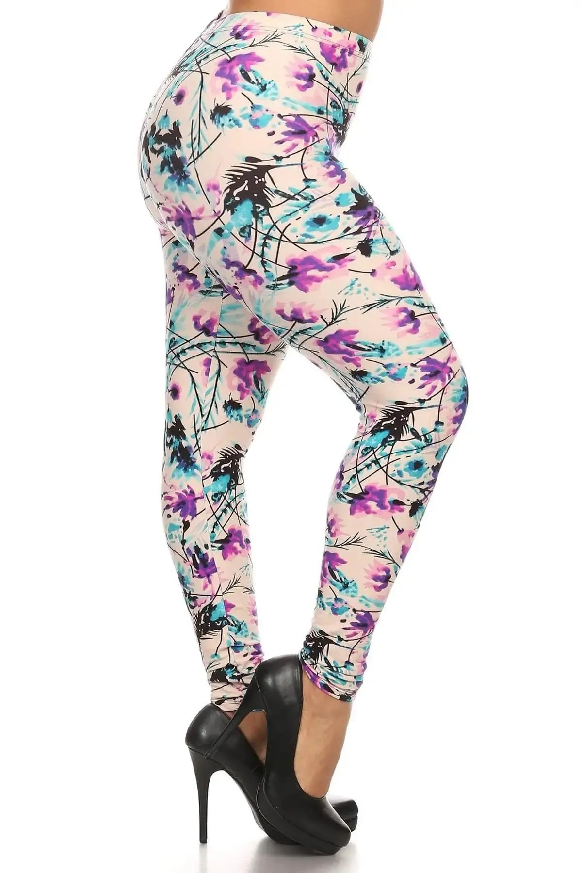 Blue Zone Planet |  Plus Size Floral Print, Full Length Leggings In A Slim Fitting Style With A Banded High Waist