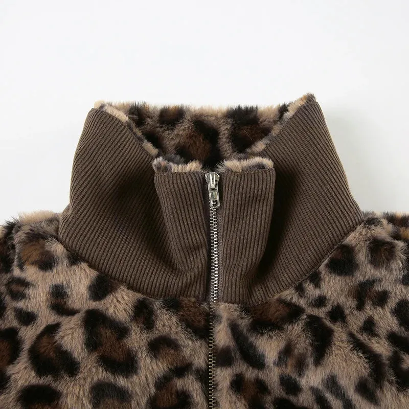 Brown Cheetah Fur Collar Front Zip-Up Ruched Trim Jacket