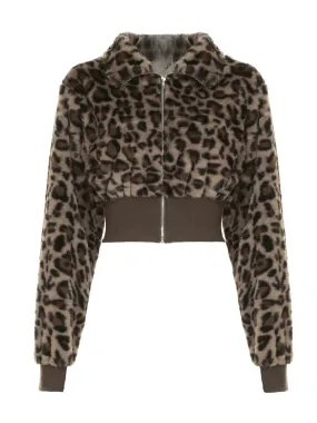 Brown Cheetah Fur Collar Front Zip-Up Ruched Trim Jacket