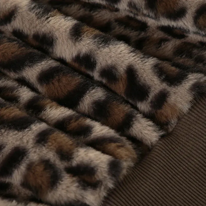 Brown Cheetah Fur Collar Front Zip-Up Ruched Trim Jacket