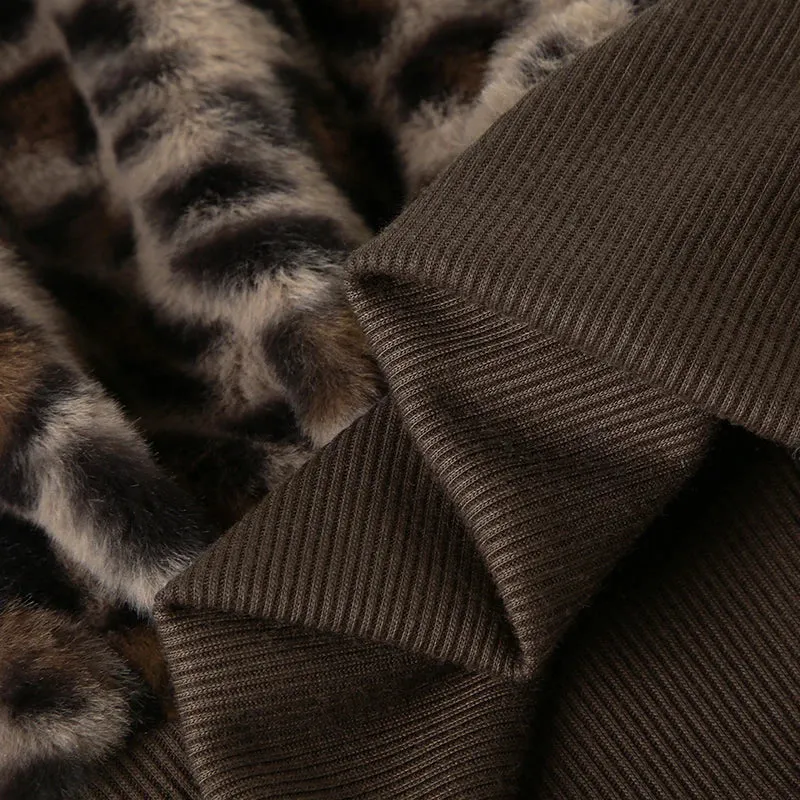 Brown Cheetah Fur Collar Front Zip-Up Ruched Trim Jacket