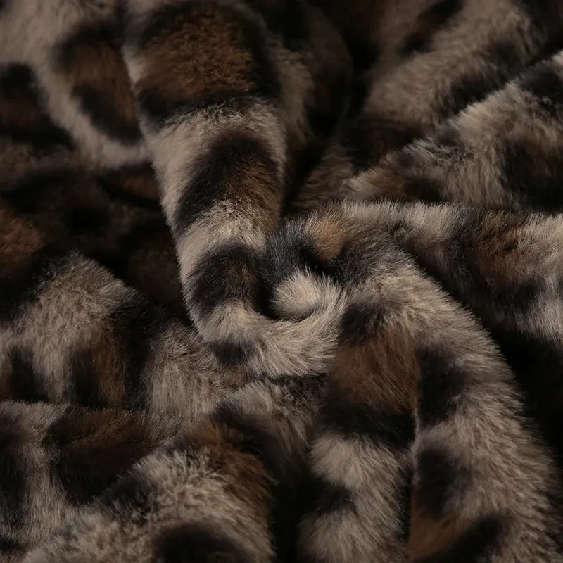 Brown Cheetah Fur Collar Front Zip-Up Ruched Trim Jacket