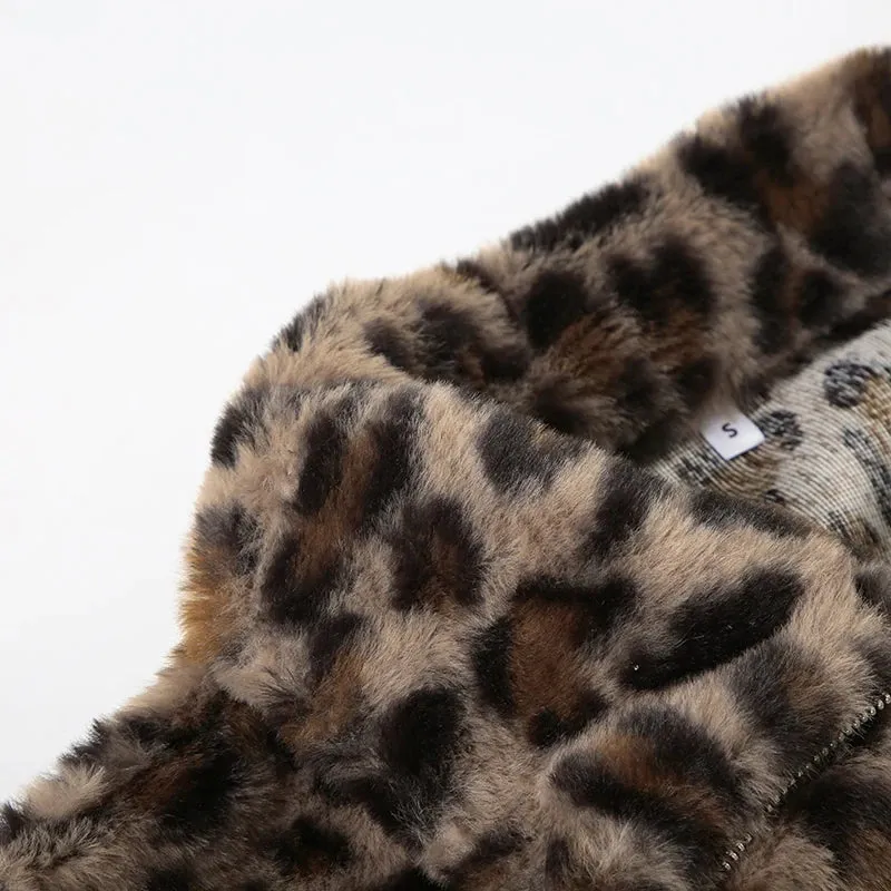 Brown Cheetah Fur Collar Front Zip-Up Ruched Trim Jacket