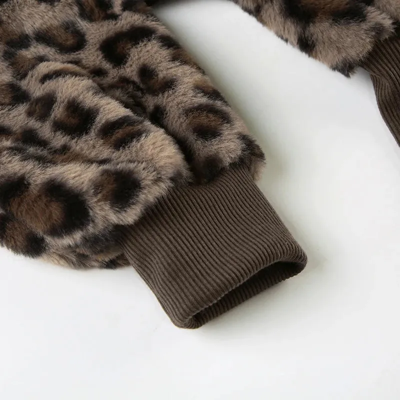 Brown Cheetah Fur Collar Front Zip-Up Ruched Trim Jacket