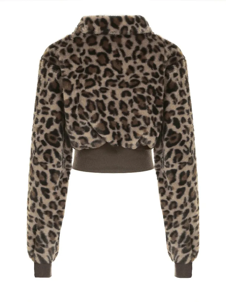 Brown Cheetah Fur Collar Front Zip-Up Ruched Trim Jacket