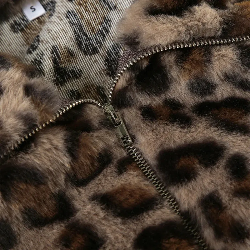 Brown Cheetah Fur Collar Front Zip-Up Ruched Trim Jacket