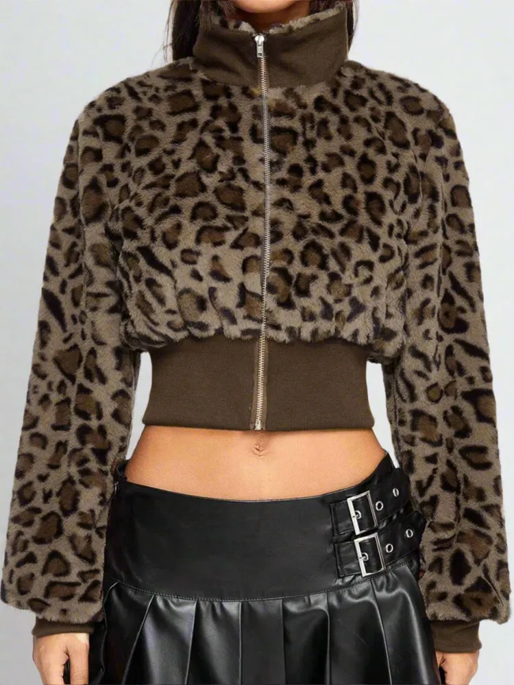 Brown Cheetah Fur Collar Front Zip-Up Ruched Trim Jacket