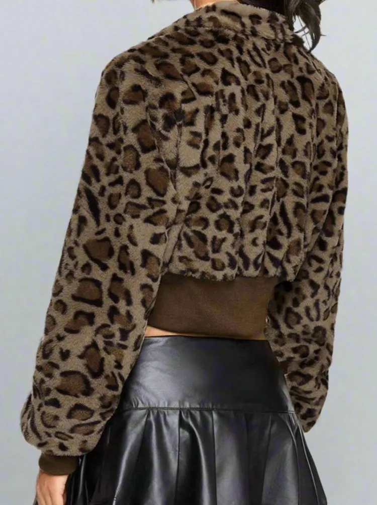 Brown Cheetah Fur Collar Front Zip-Up Ruched Trim Jacket