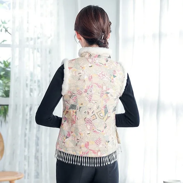 Copy of Fur Collar & Cuff Chinese Style Thick Waistcoat Vest with Tassels