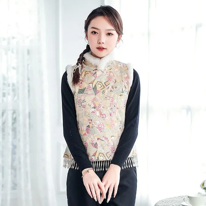 Copy of Fur Collar & Cuff Chinese Style Thick Waistcoat Vest with Tassels
