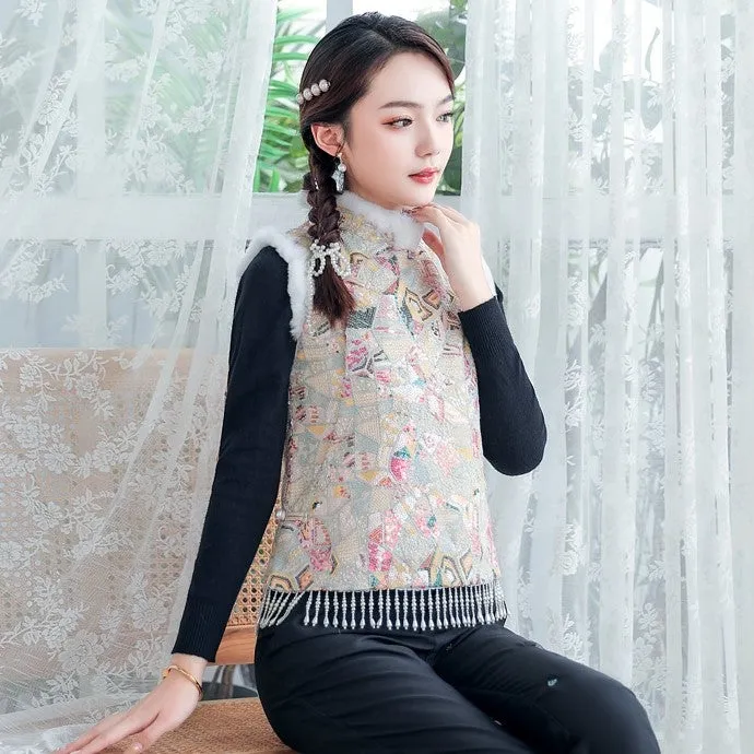 Copy of Fur Collar & Cuff Chinese Style Thick Waistcoat Vest with Tassels