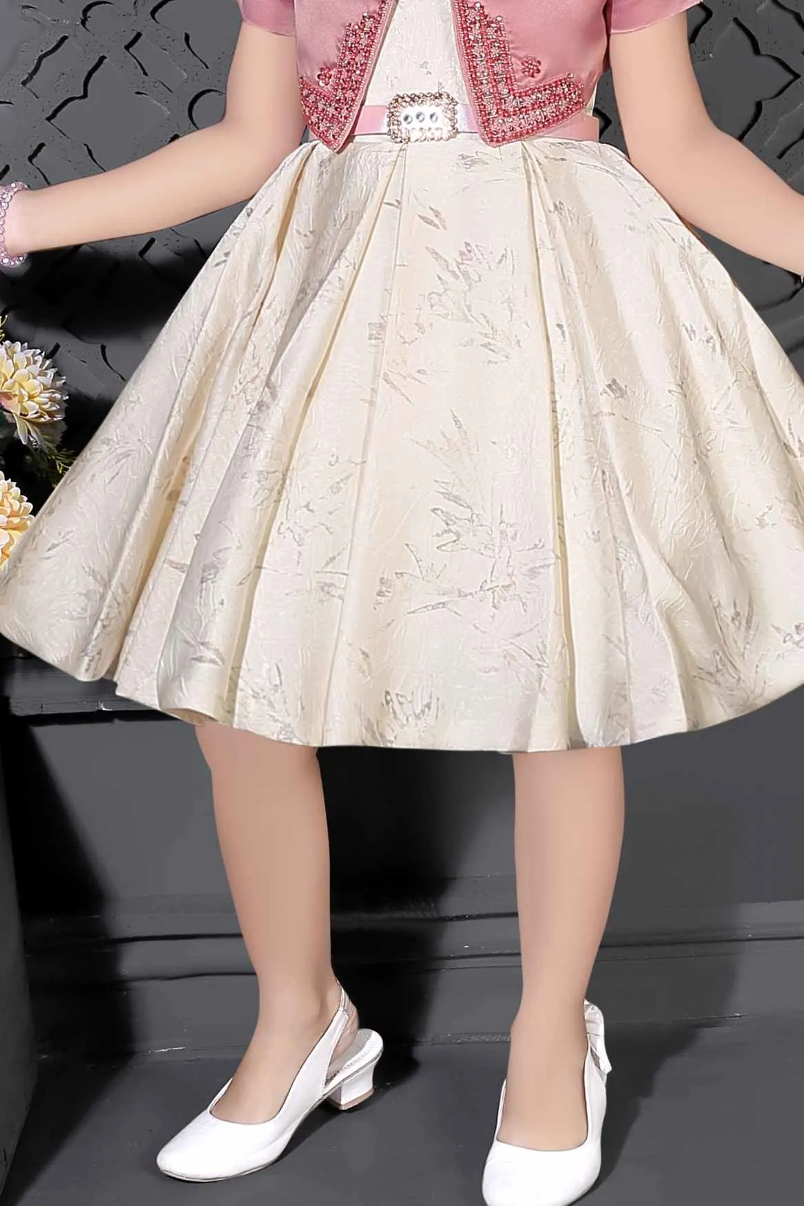 Cream Frock With Onion Pink Sequin Overcoat For Girls