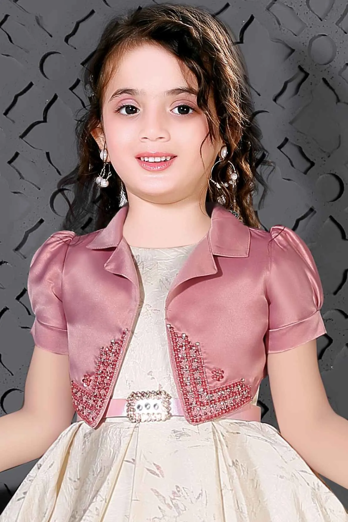 Cream Frock With Onion Pink Sequin Overcoat For Girls