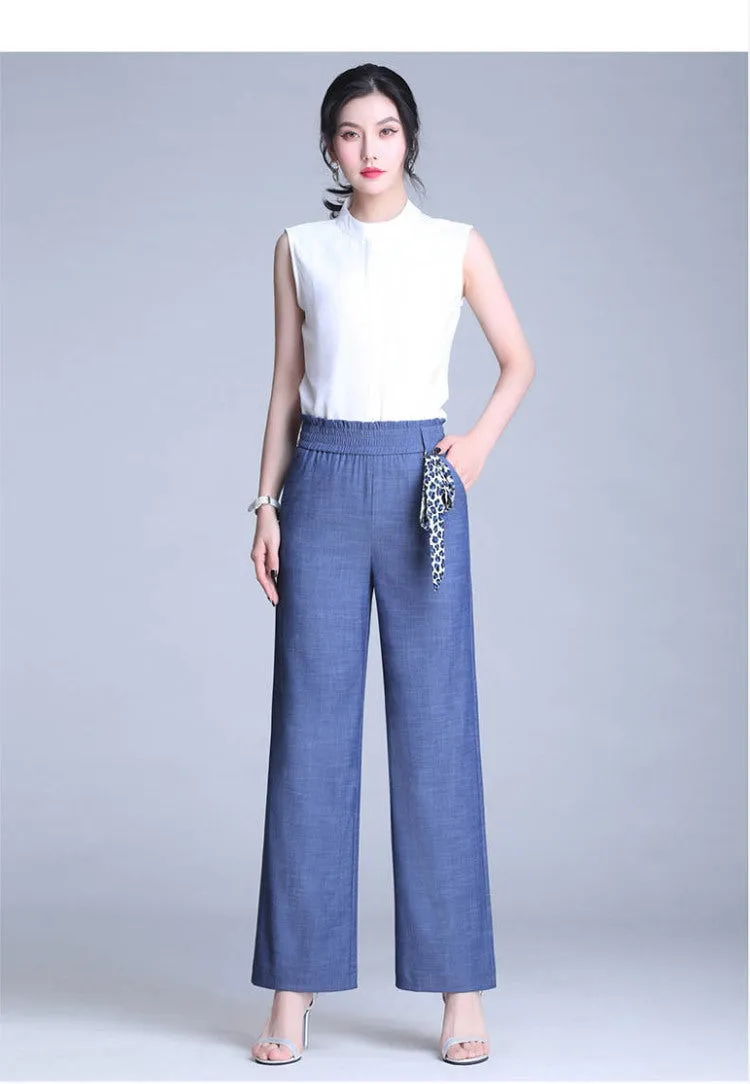 Denim Pants Ice Silk Drape Wide Leg Women High Waist Loose Plus Size Straight Casual Pants