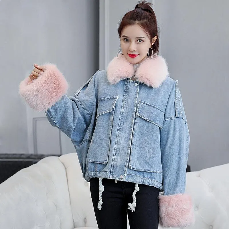 Denim Soft Jeans Fur Collar Loose Thick Warm Coat