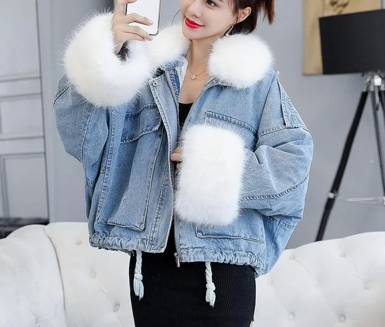 Denim Soft Jeans Fur Collar Loose Thick Warm Coat