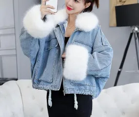 Denim Soft Jeans Fur Collar Loose Thick Warm Coat