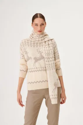 Ecru Knit Sweater with Deer Pattern and Stone Embroidery