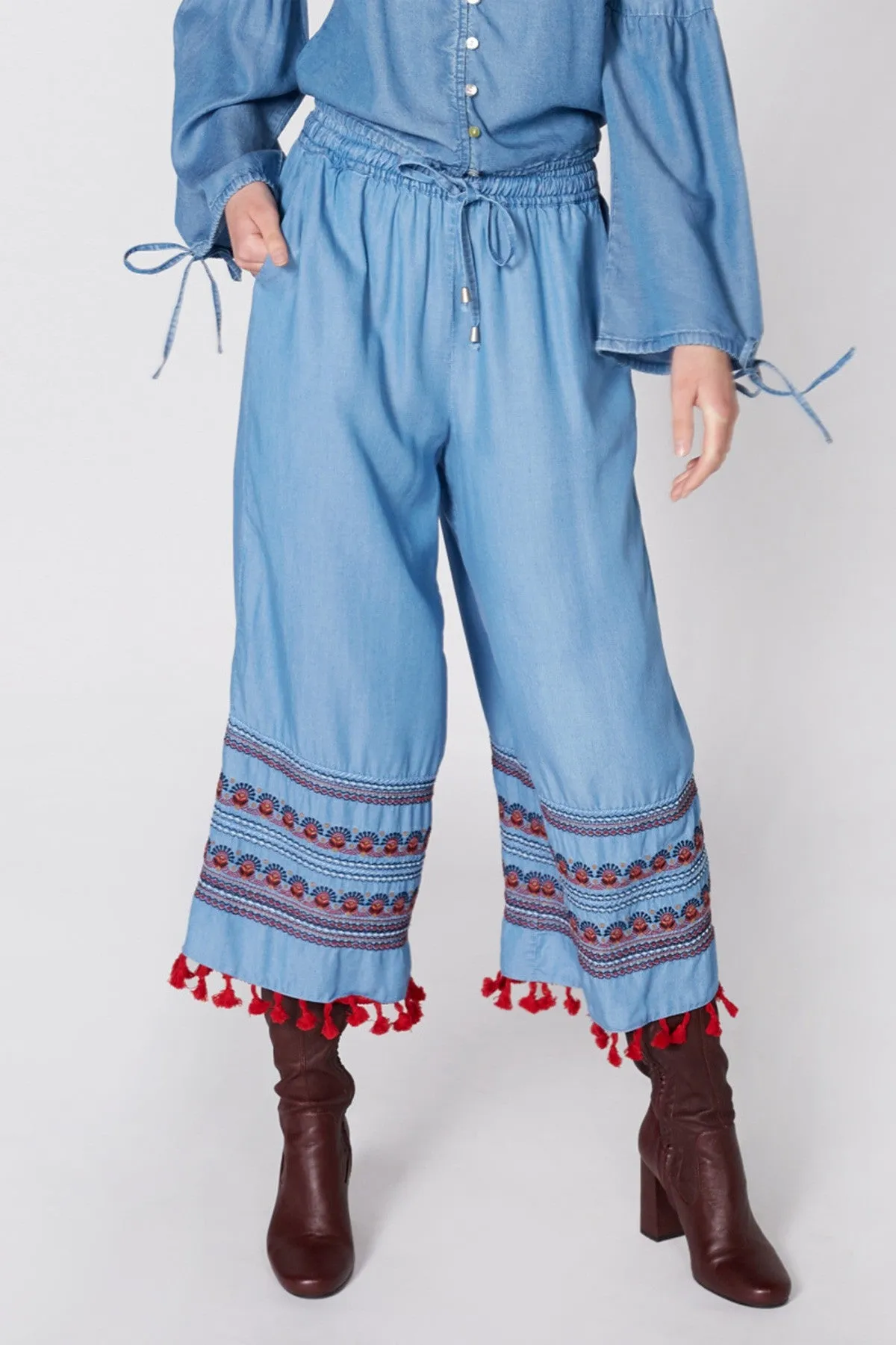 Embroidered Culottes with Elasticized Waistband and Drawstring