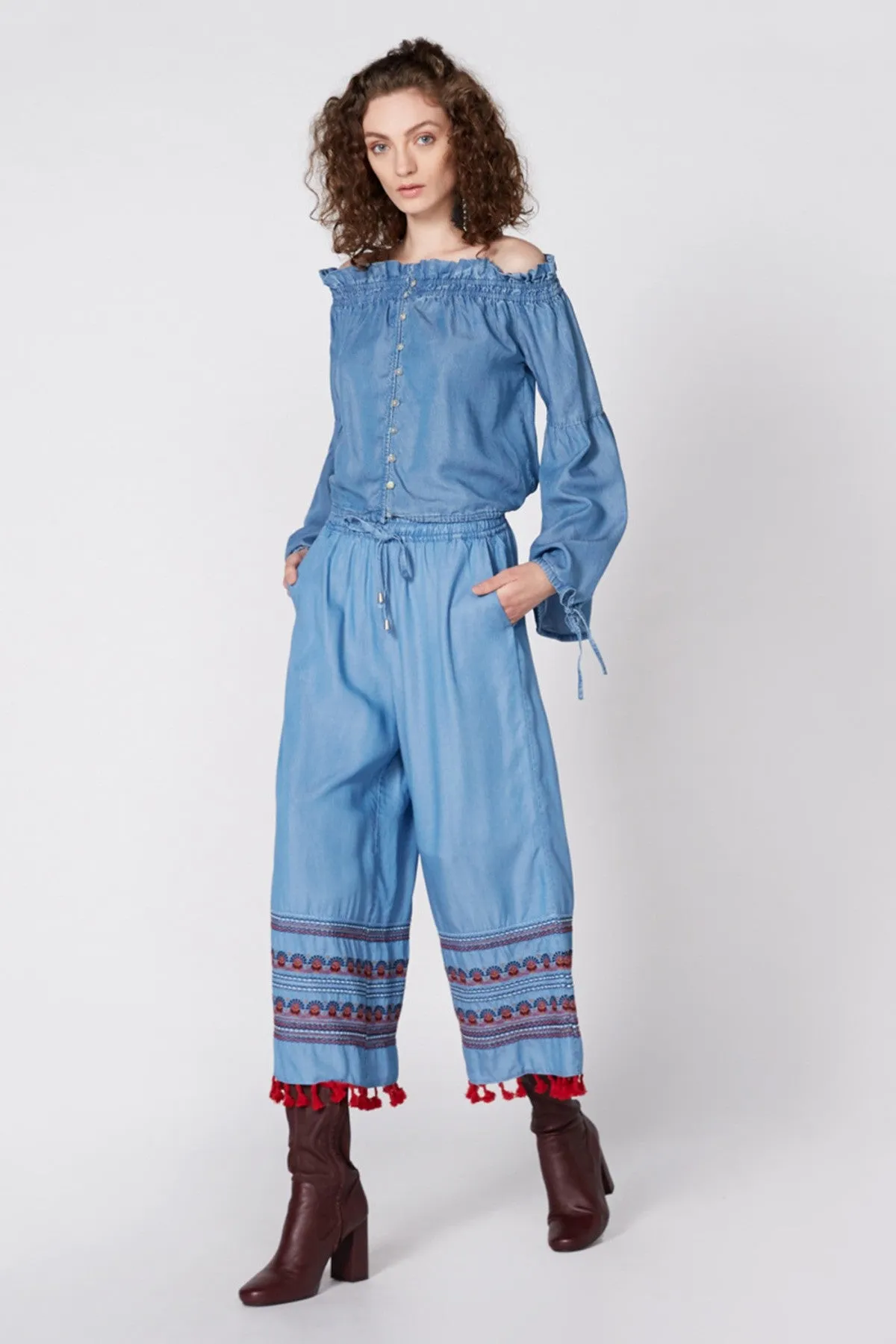 Embroidered Culottes with Elasticized Waistband and Drawstring