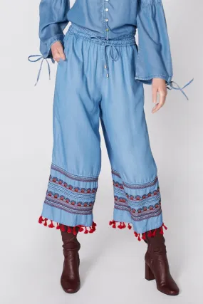 Embroidered Culottes with Elasticized Waistband and Drawstring