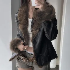 Faux Leather Plush Fur Trim Jacket