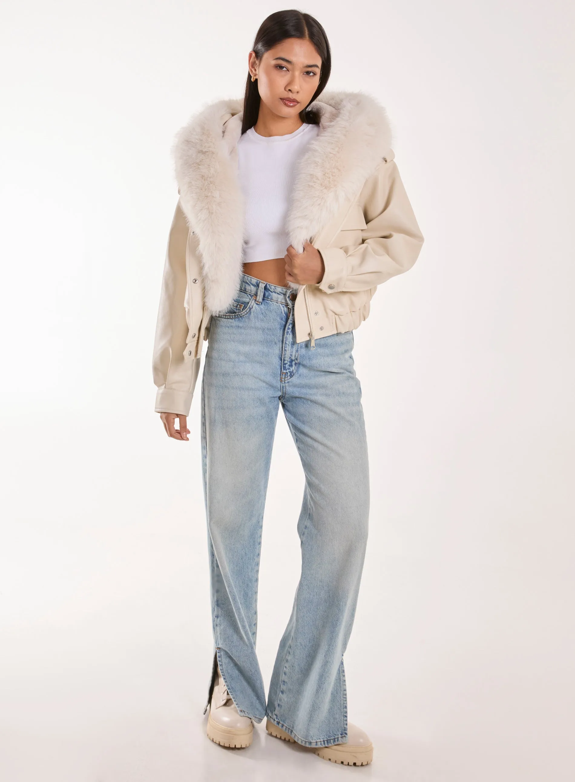 Fur Hooded Cropped Utility Jacket