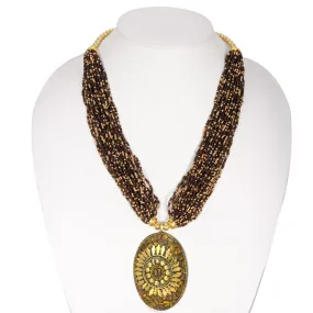 GOLD BROWN PENDANT RESIN BRASS & SEED BEAD LAYERED NECKLACE#FWNK-1703-174-OVL (RF13)