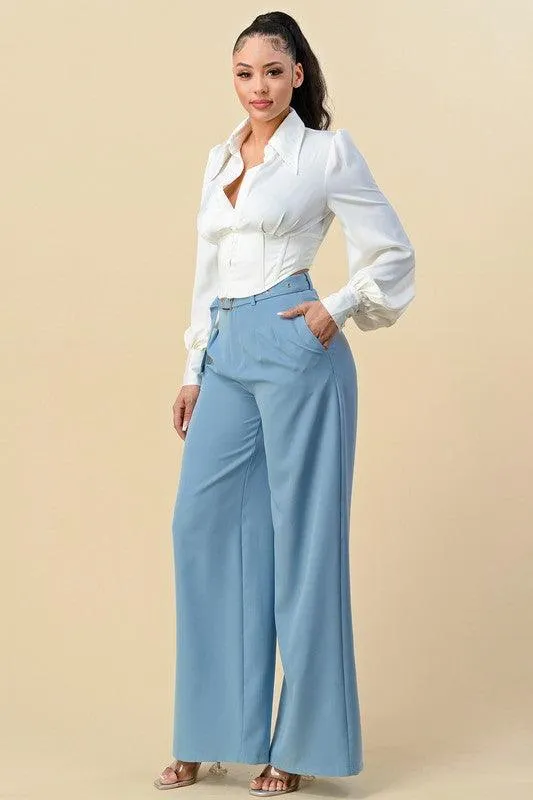 high waist wide leg belted pants