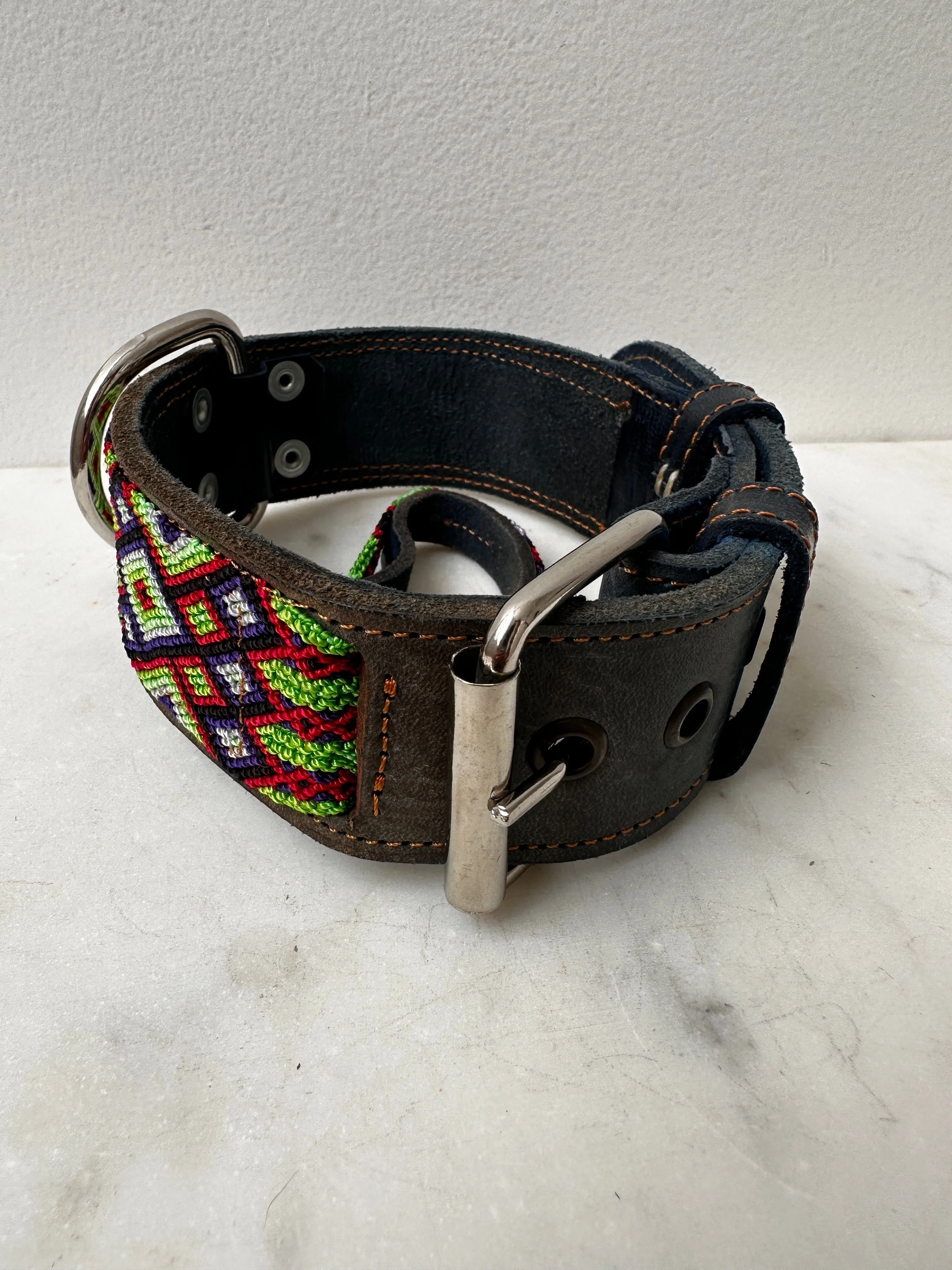 Huichol Leather Wide Dog Collar M1