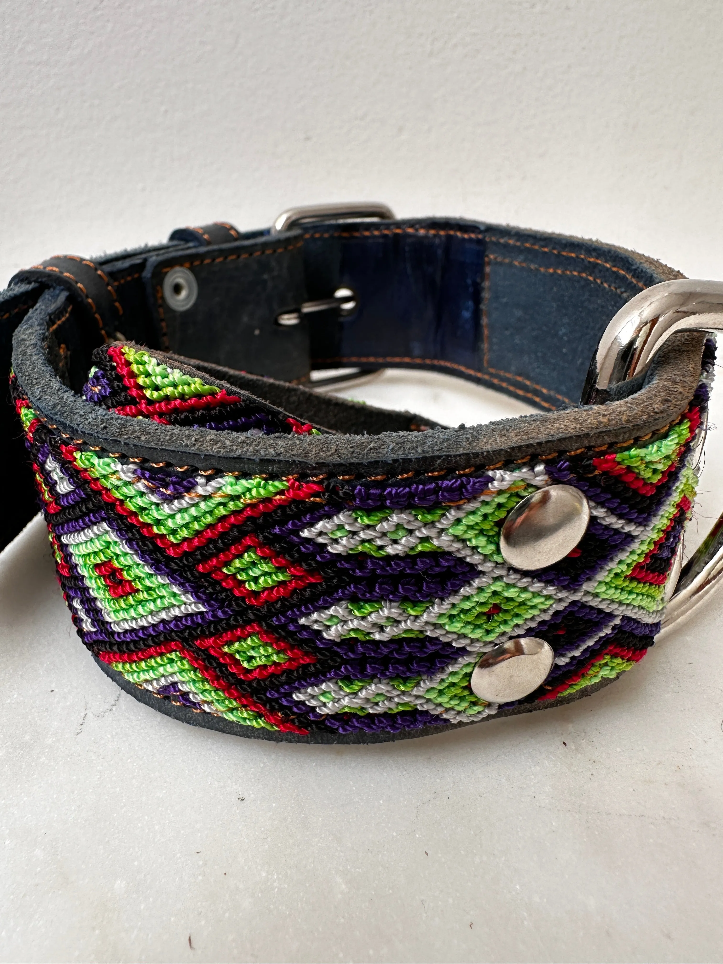 Huichol Leather Wide Dog Collar M1